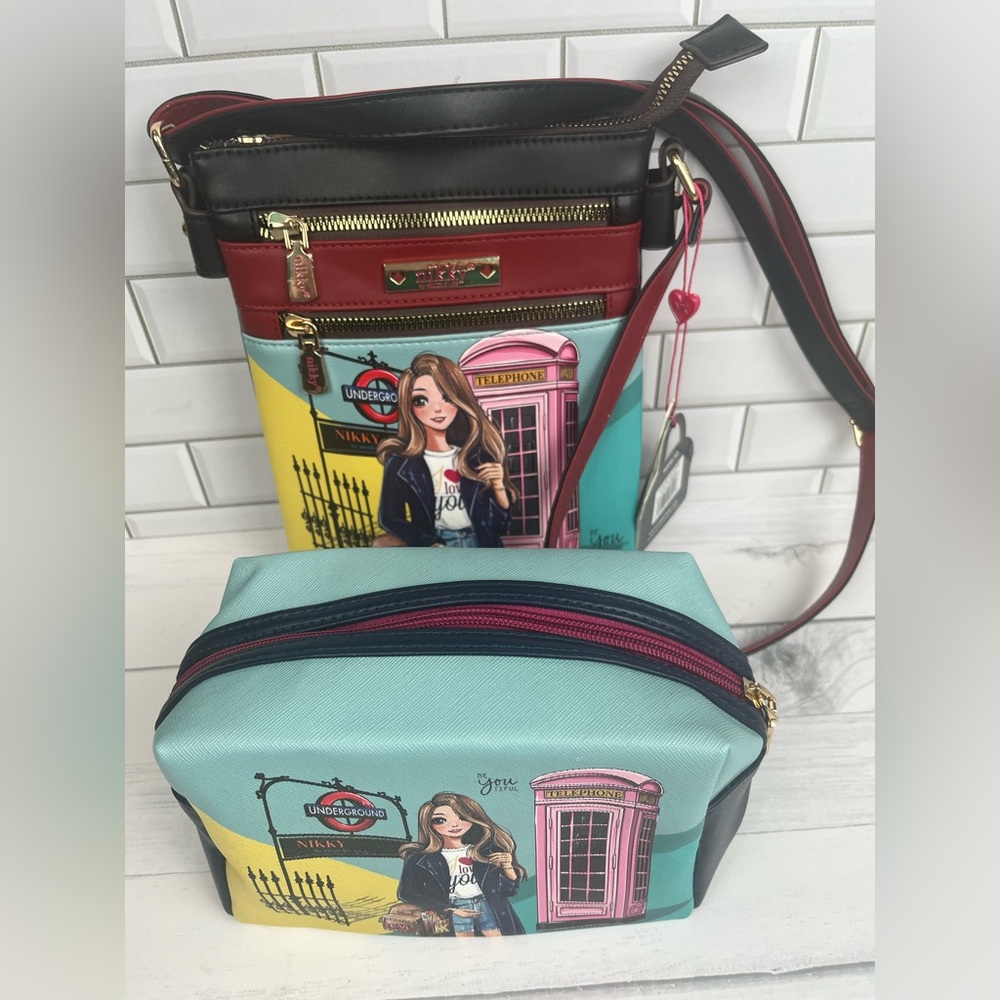 Nikky by Nicole Lee Set  Double Zipper Crossbody and Cosmetic Pouch Multi Color